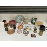 Trinket Boxes and Dishes, Studio Pottery Three Handled Bowl and Black Wedgwood Jug etc