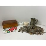 Wooden Box, Badges, Coin Collections and Pewter Tankard etc