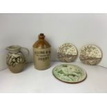 Stoneware Flagon, Pottery Jug, 2 x Burmah Grindley and Tunstall Plates and Hand Painted Plaque
