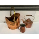 Copper Coal Scuttle, Kettle and Tankard