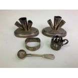 Pair of Silver Epergne Holders, Silver Mustard Spoon and Silver Napkin Ring - Total Weight 162gms