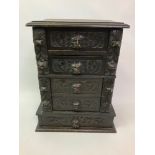 Profusely Carved Oak Chest of Five Drawers - 51cm W x 31cm D x 65cm H