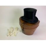 Silk Top Hat with Leather Box - Size 7 - Lincoln Bennett, London and Pair of White Gloves