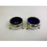 Pair of Three Footed Silver Salts with Blue Glass Liners - Birmingham 1921 - Silver Weight 95gms