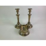 Pair of Silver Plate Candlesticks and Wine Coaster