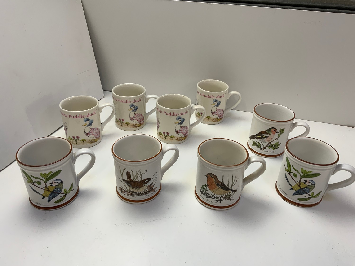 4x Jemima Puddleduck Mugs, 5x Denby Bird Mugs