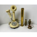 Candlestick Phone and Brass Telescope etc