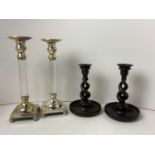Pair of Silver Plated Candlesticks and Pair of Open Barley Twist Candlesticks