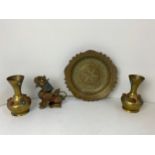 Ottoman Offering Bowl with Makers Stamp and Brass Oriental Dog and Pair of Brass Vases