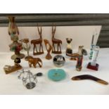 Carved Wooden Animals, Oil Lamp, Ashtrays, Cat Ornaments, Galileo Thermometer etc