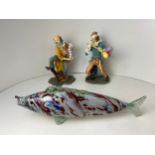 Pair of Circus Comes to Town Clown Figurines and Glass Fish
