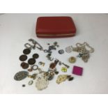 Box and Contents - Costume Jewellery, Coins etc