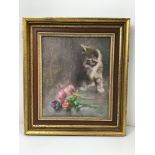 Oil on Board Painting - Kitten and Flowers - Visible Picture 21cm x 25cm