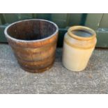 Brass Bound Barrel and Stoneware Pot