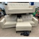 Cream Leather Three Piece Suite with Footstool