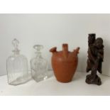 Carved Wooden Figure and Decanters etc