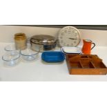 Enamel Dishes and Jug, Pyrex Bowls, Wooden Storage and Kitchen Clock etc
