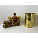 Vintage Car Decanter and Glasses and Brass Waste Bin