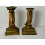 Pair of Antler and Brass Candlesticks - Impressed Mark to Base - 15cm High