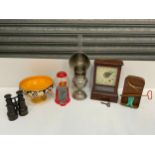 Oil Lamp, Clocks, Binoculars and Jelly Bean Holder etc