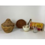 Lidded Basket and One Other, Pestle and Mortar and Boxed Raven Head Tumblers