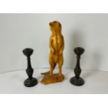 Pair of Wooden Candlesticks and Carved Meerkat