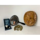 Carved Wooden Head of Girl, Christening Set and Hand Mirror etc