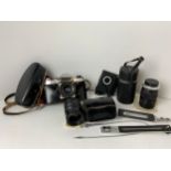Camera Bag with Praktica Camera, Lenses, Flash Gun etc