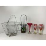 Wire Basket, Candle Holder and Pink Glass Vases