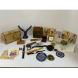 Collectables - Vintage Postcards, FBI Cloth Badges, Watch and Pipe etc