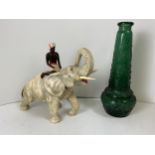 Elephant Ornament and Green Glass Bottle