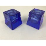 Pair of Vintage Blue Glass Inkwells - Nibbles to Rim