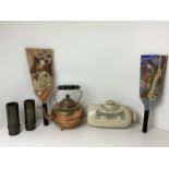 Foot Warmer, Brass Kettle, Candle Holders and Japanese Collage Pictures