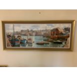 Signed Framed Oil on Canvas - Visible Picture 120cm x 44cm - Padstow By Nancy Bailey