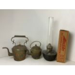 2x Brass Kettles and Oil Lamp