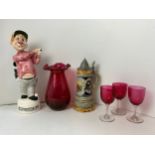 Red Glass Vase and Glasses, Stein and Novelty Musical Golf Decanter