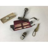 Vintage Map Measures, ACME Whistle, Miniature Telescope, Vintage Corkscrew and Cased Needle Work Set