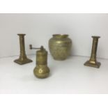 Pair of Brass Candlesticks, Pot and Grinder