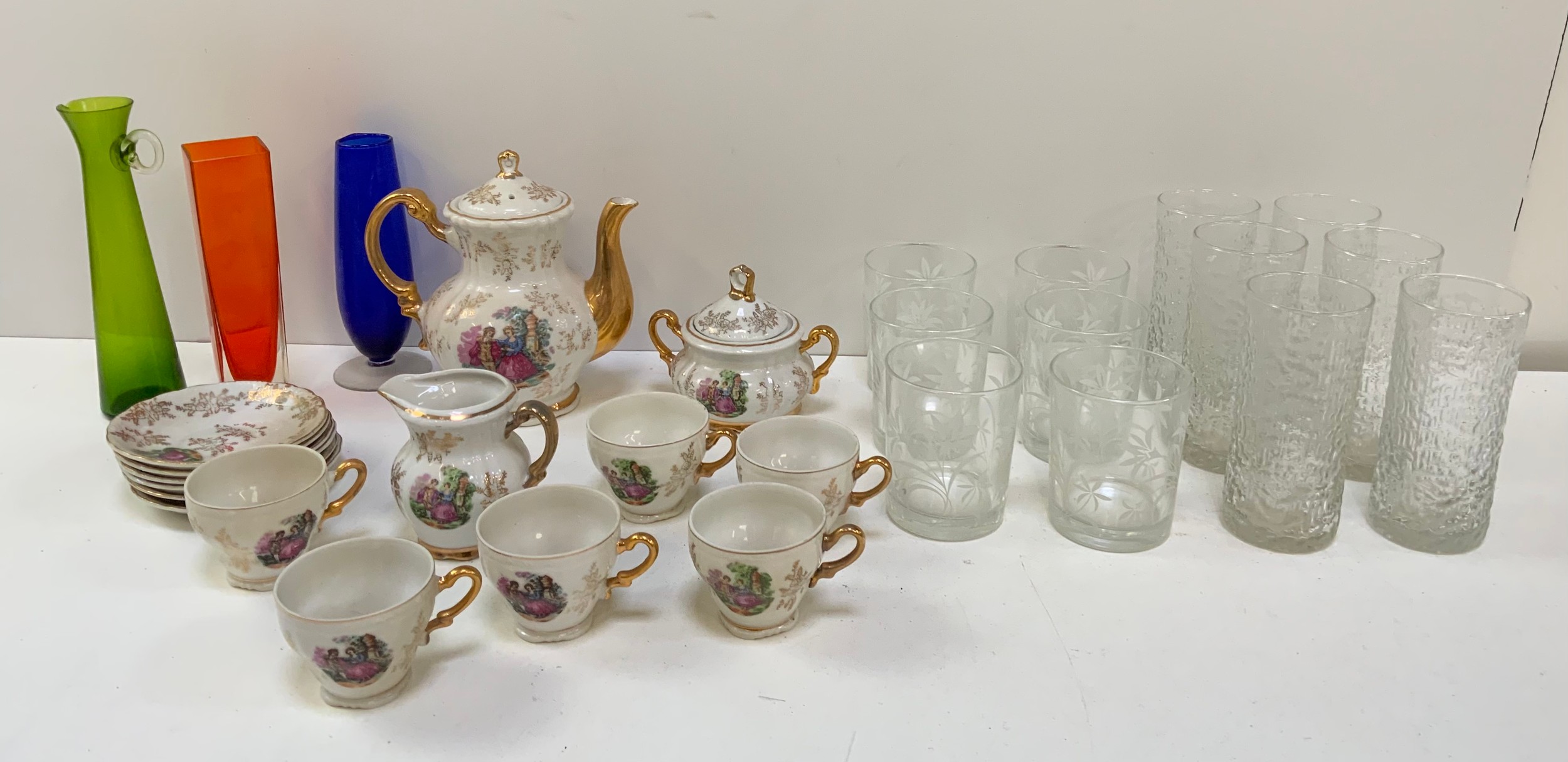 Vintage Tumblers, China Tea Set and Coloured Glass Vases