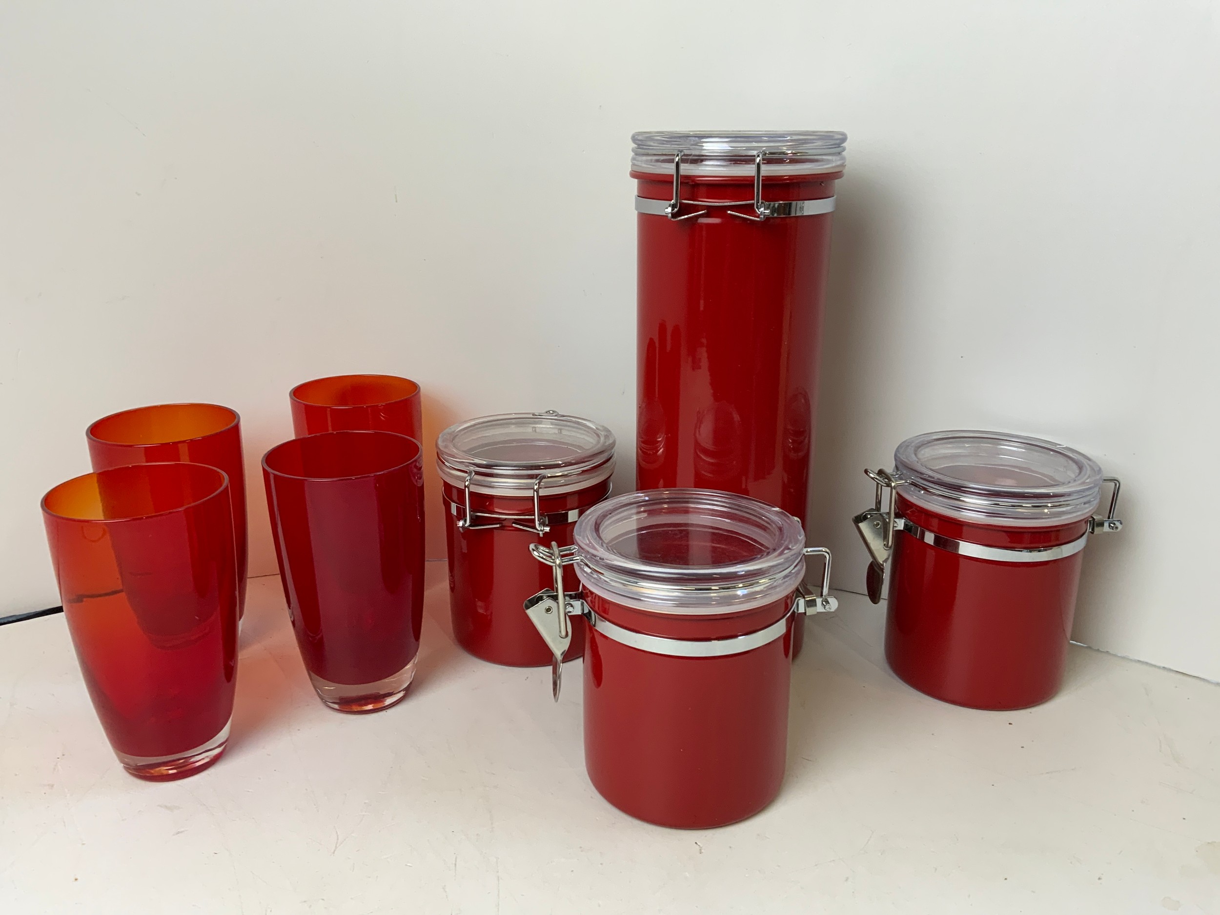 Kitchen Storage Jars and Red Glasses