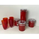 Kitchen Storage Jars and Red Glasses