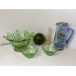 Green Glass Fruit Bowl, 2x Sundae Dishes and Jug etc