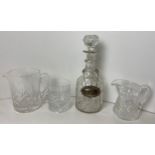 Decanter with Silver Whisky Label, Water Jugs and Whisky Glass