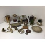 Metalware - Trophies, Hip Flasks and Table Lighter etc