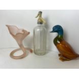 Ceramic Duck, Soda Syphon and Pink Glass Vase
