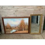 Large Framed River Scene and Gilt Framed Mirror