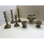 Brass Candlesticks and Rose Bowls