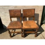 Pair of Oak Leather Covered Roseback Brass Studded Chairs