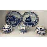2x Large Delft Plates - 38cm Diameter, Pair of Willow Tureens, Woods Yuan Teapot and Stand
