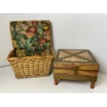Small Lined Wicker Basket and Brass Bound Storage Box on Legs